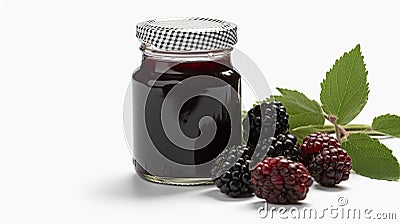 Blackberry jam and ripe blackberries fruit Jars on white background with Generative AI Cartoon Illustration