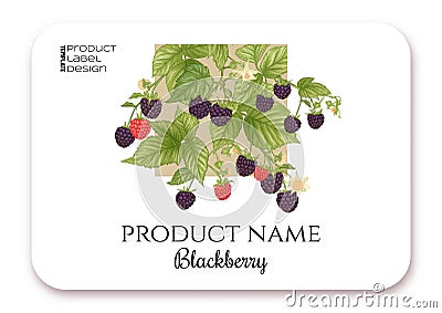 Blackberry. Ripe berries on branch. Template for product label, Cartoon Illustration