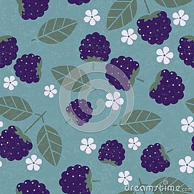 Blackberry seamless pattern. Blackberries with leaves and flowers on shabby background. Original simple flat illustration. Vector Illustration