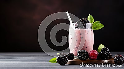 Blackberry Smoothie. Homemade fresh Blackberry Smoothie in a glass. Food photography. Horizontal format for advertising, banners. Stock Photo