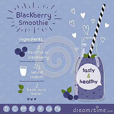 Blackberry smoothie recipe. Vector Illustration