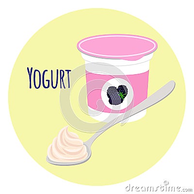 Blackberry yogurt healthy milk product in plastic container. Flat style Vector Illustration
