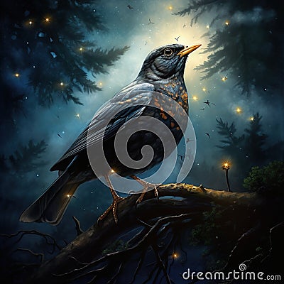 Blackbird Turdus merula looking isolated Cartoon Illustration