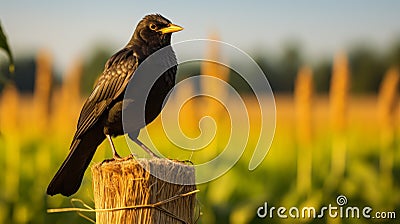 Blackbird On Wooden Pole In Precisionism Style Stock Photo