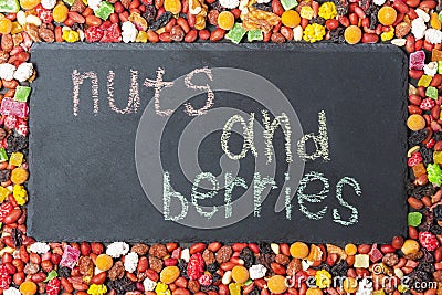Blackboard on the background of a frame of nuts and dried fruits Stock Photo