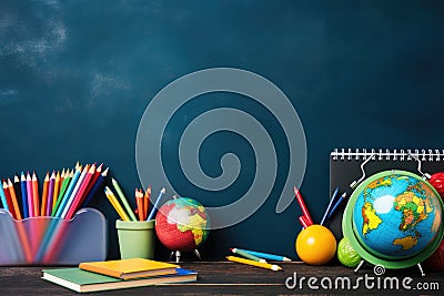 Dark blackboard blank space, background with crayons and globe globe, back to school. Generative ai Stock Photo