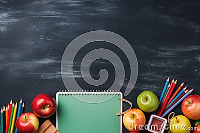 Dark blackboard blank space, background with crayons and notebook, back to school. Generative ai Stock Photo