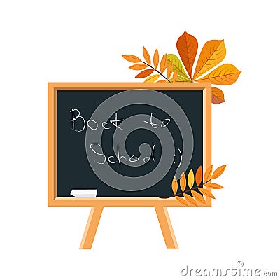 Blackboard, Chalk And Fallen Leaves, Set Of School And Education Related Objects In Colorful Cartoon Style Vector Illustration