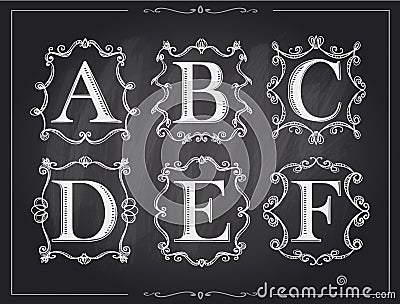 Blackboard chalk vintage calligraphic letters in monogram retro frames, alphabet logos Vector Illustration