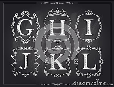 Blackboard chalk vintage calligraphic letters in monogram retro frames, alphabet logos Vector Illustration