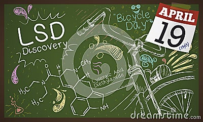 Blackboard with Bike Draw, LSD Formula and Calendar Commemorating Bicycle Day, Vector Illustration Vector Illustration