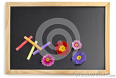 Blackboard with colorful chalks Stock Photo