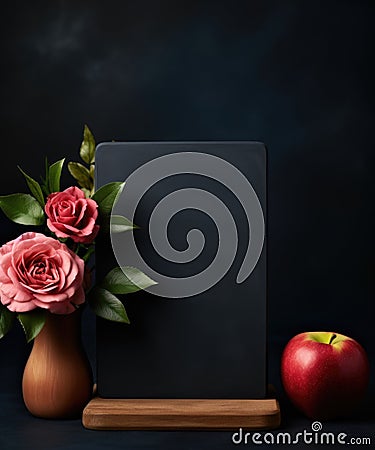 Blackboard with flowers and an apple on a dark background, AI Stock Photo