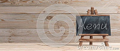 Blackboard on folding wooden easel and menu inscription, against wooden background with copy space and text, banner, 3d Cartoon Illustration