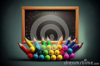 Blackboard frame with colorful color pencil with blank copy space for Kid creativity concept Generative AI Stock Photo