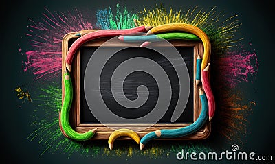 Blackboard frame with colorful color pencil with blank copy space for Kid creativity concept Generative AI Stock Photo