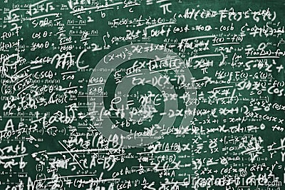 A blackboard full of mathematical formulas. educational concept background Stock Photo