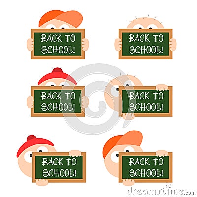 Blackboard in hand of child back to shool hat cap bald Vector Illustration