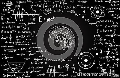 Blackboard inscribed with human brain and scientific formulas and calculations in physics and mathematics. Vector Illustration