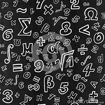 Blackboard inscribed by white chalk with mathematic symbols Stock Photo