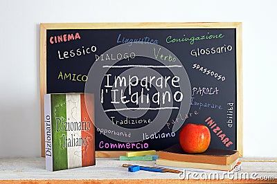 Blackboard in a Italian Language classroom with the message LEARN ITALIAN Stock Photo