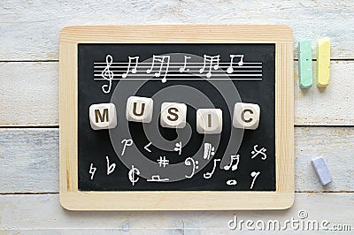 Blackboard in a music classroom with some notation symbols. Stock Photo