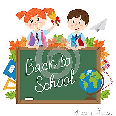 Blackboard with pupils and school supplies Vector Illustration