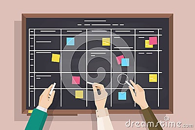 Blackboard with table drawn on it, sticked post-it notes and hands holding pieces of chalk. Board for effective daily Vector Illustration