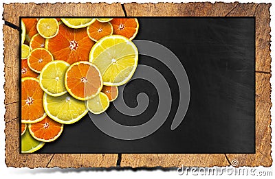 Blackboard with Wooden Frame and Fruit Stock Photo