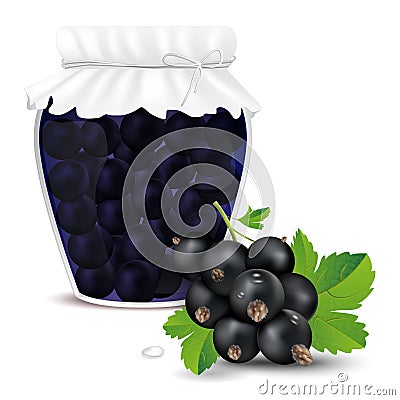 Blackcurrant compote in a jar and fresh blackcurrant Cartoon Illustration