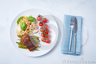 Blackened Cod Tomatoes Beans Pasta Stock Photo