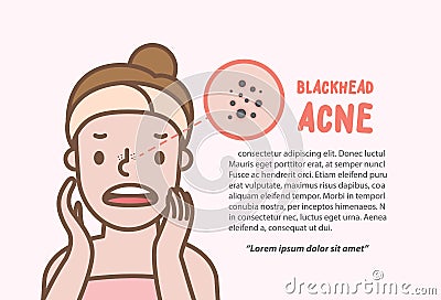 Blackhead acne woman cartoon action half body layout banner illustration vector on pink background. Beauty concept Vector Illustration