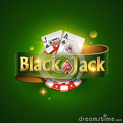 Blackjack logo with green ribbon and on a green background, isolated. Card game. Casino game Vector Illustration