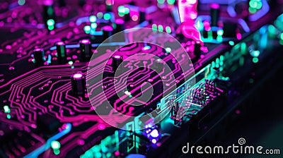 A blacklight illuminates the background of this podium revealing a glowing circuit board design. The vibrant tones of Stock Photo