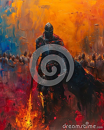 Blacklight painting of a midieval knight in black armour on fire swinging a battle axe in a battlefield Stock Photo