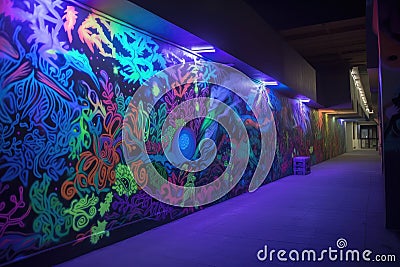 blacklight and uv-reactive mural in public space, bringing attention to surrounding area Stock Photo