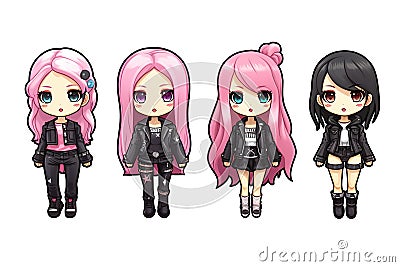 BLACKPINK kawaii chibi doll stickers in different poses and moods isolated PNG Stock Photo