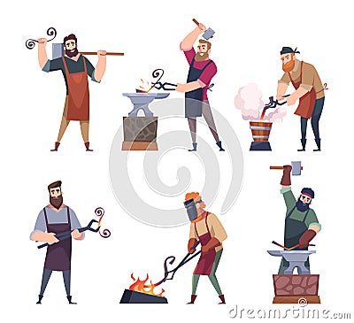 Blacksmith characters. Medieval workers making knife swords helmets armors from steel hammer workshop foundry work exact Vector Illustration