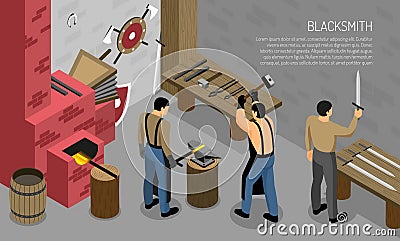 Blacksmith craft isometric composition with masters in work shop interior elements with iron products horizontal Vector Illustration