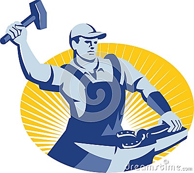 Blacksmith Farrier With Hammer Horseshoe Retro Vector Illustration