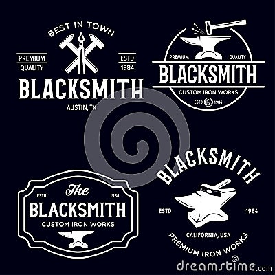 Blacksmith labels set. Design elements for metalworks service emblems, badges, logos. Monochrome seal collection Vector Illustration