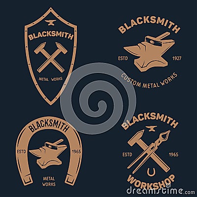 Blacksmith labels set. Design elements for metalworks service emblems, badges, logos. Monochrome seal collection Vector Illustration