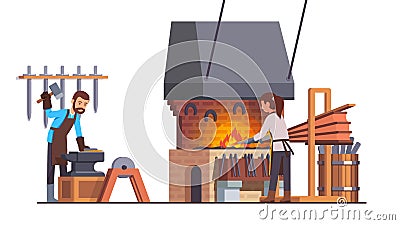 Blacksmith man working with hammer doing metalwork Vector Illustration