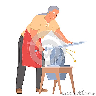 Blacksmith sharpening sword on grind stone at workshop Vector Illustration