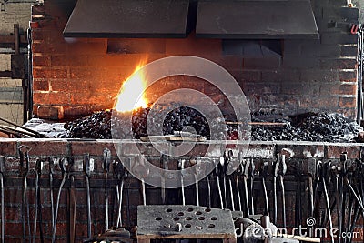 Blacksmith Stove and Tools Stock Photo
