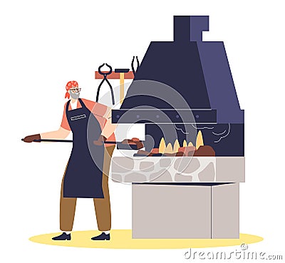 Blacksmith at work firing metal steel in furnace oven in metalwork workshop. Craftsman in apron Vector Illustration