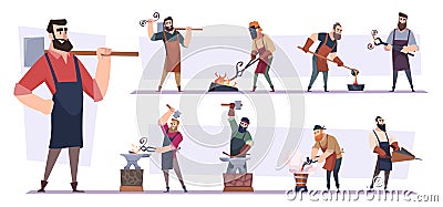 Blacksmith worker. Character with hammer making steel sword in foundry workshop hardware tools exact vector cartoon Vector Illustration