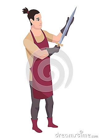 Blacksmith worker. Craftsmanship making steel tools. Character with hammer making goods in foundry workshop. Worker Vector Illustration