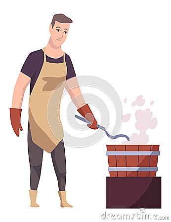 Blacksmith worker. Craftsmanship making steel tools. Character with hammer making goods in foundry workshop. Worker Vector Illustration