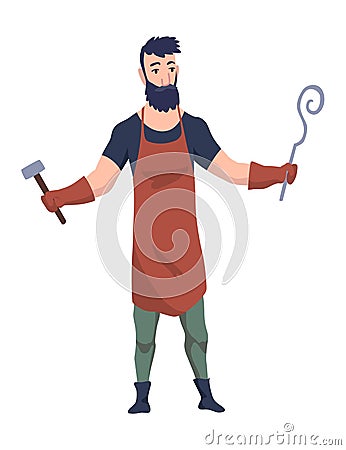 Blacksmith worker. Craftsmanship making steel tools. Character with hammer making goods in foundry workshop. Worker Vector Illustration